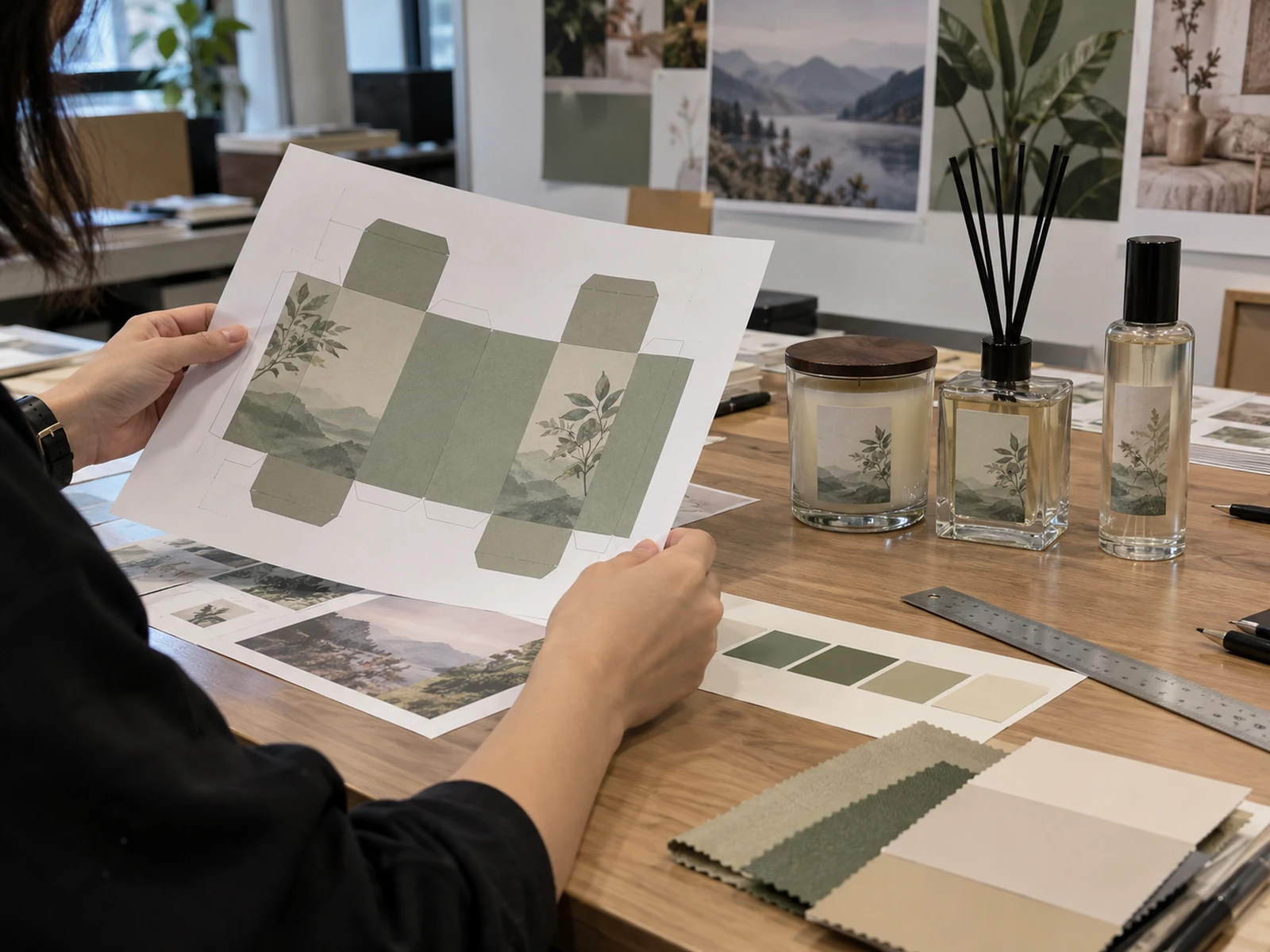 Designer reviewing fragrance packaging samples