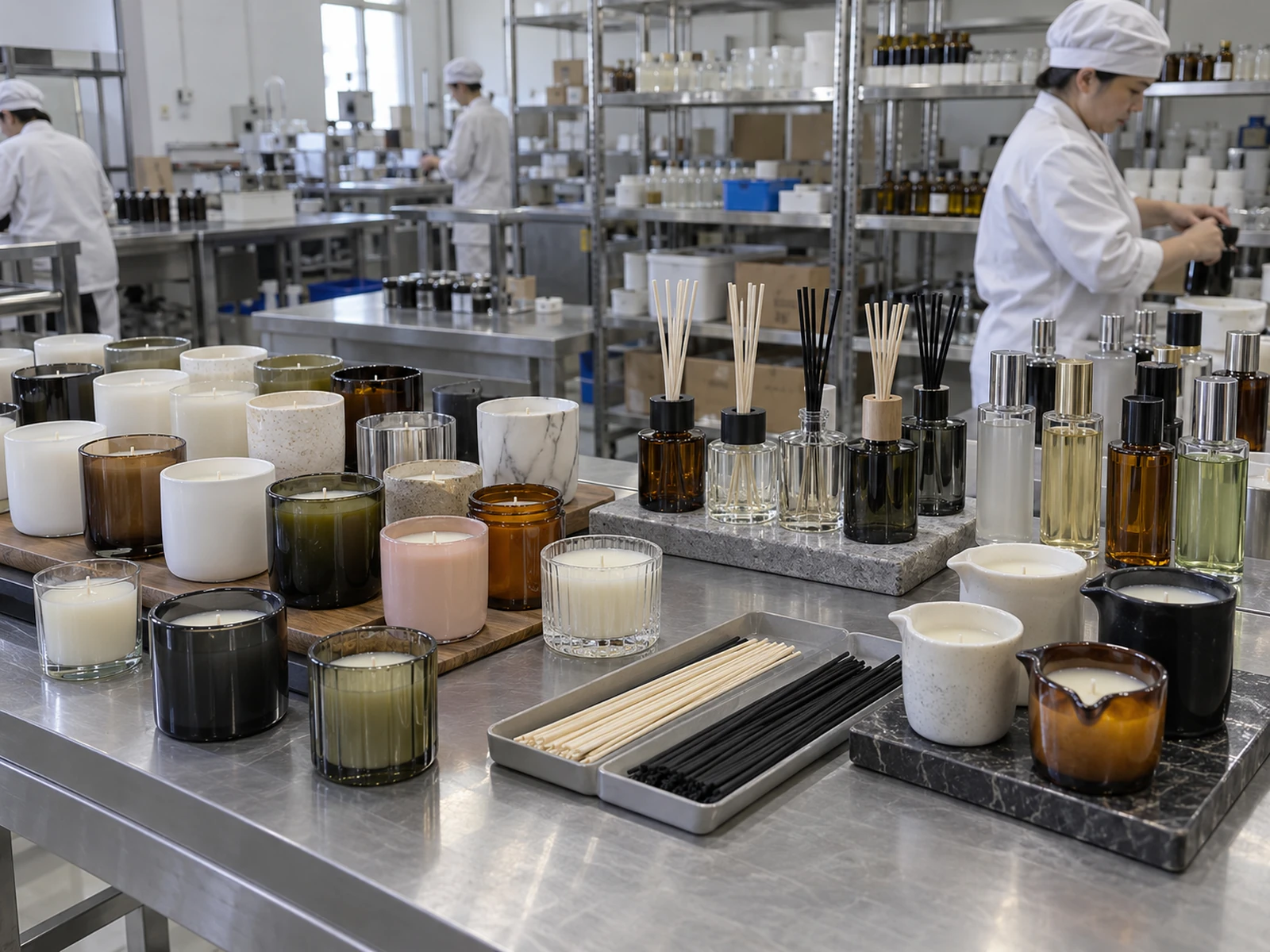 Fragrance samples arranged on a worktable for review