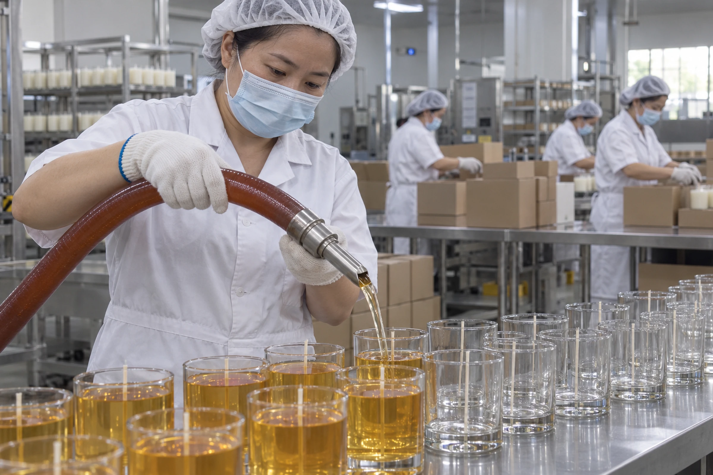 Chinese factory staff hand-pouring golden wax beside a clean packing line