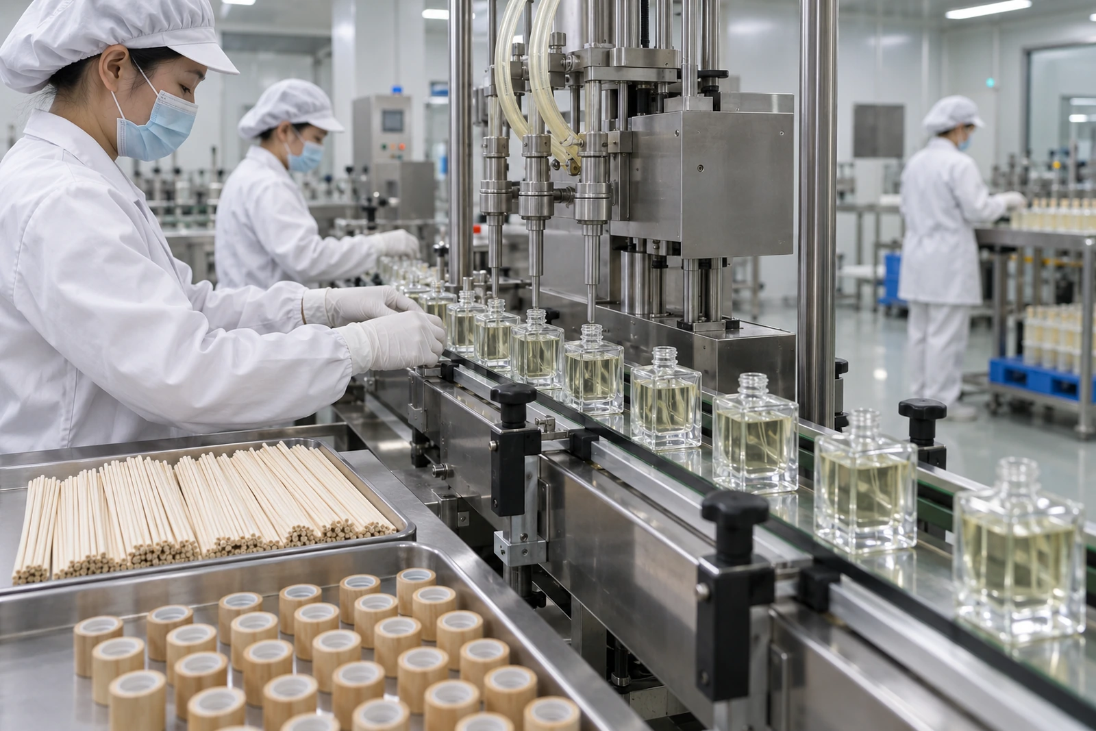 Open reed diffuser bottles moving through an automatic filling line