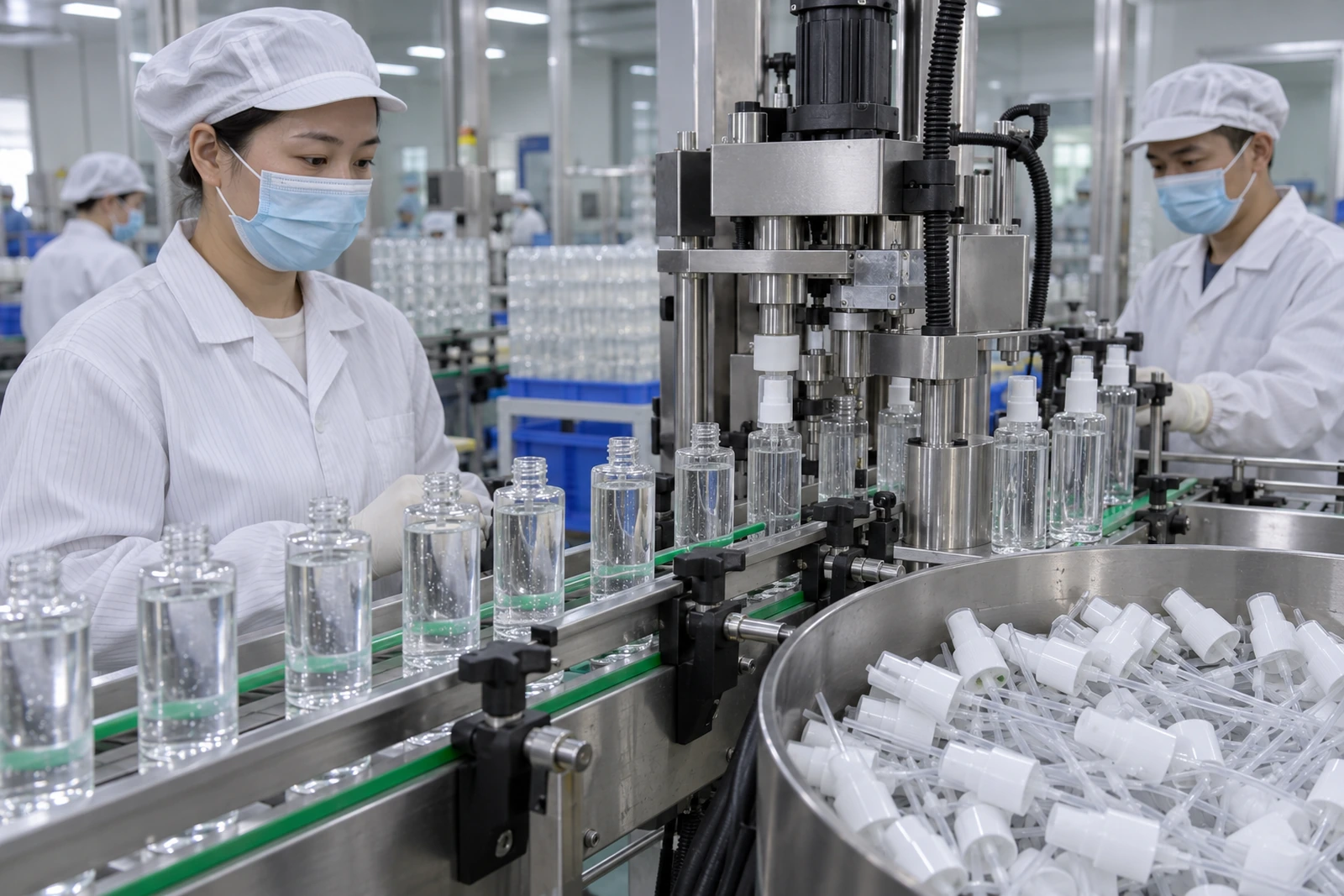 Open spray bottles and a separate fine-mist pump supply on an automatic capping line