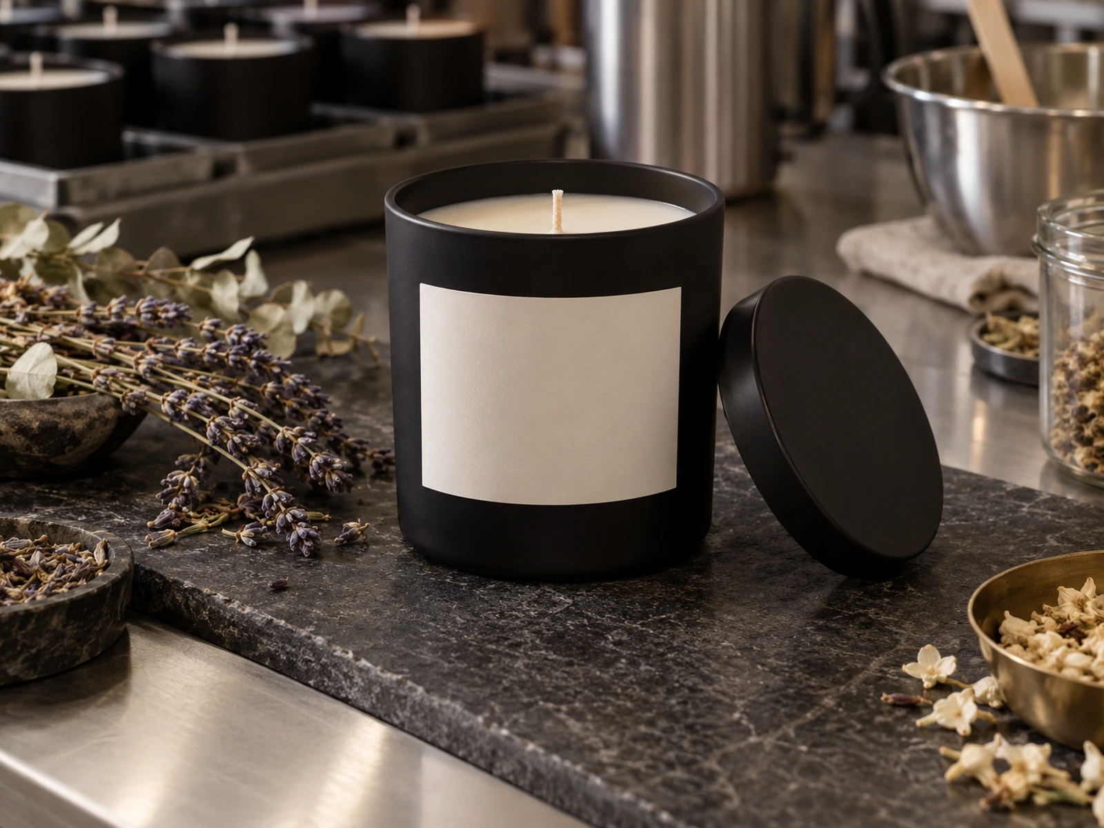 Custom scented candles in glass, ceramic and tin vessels