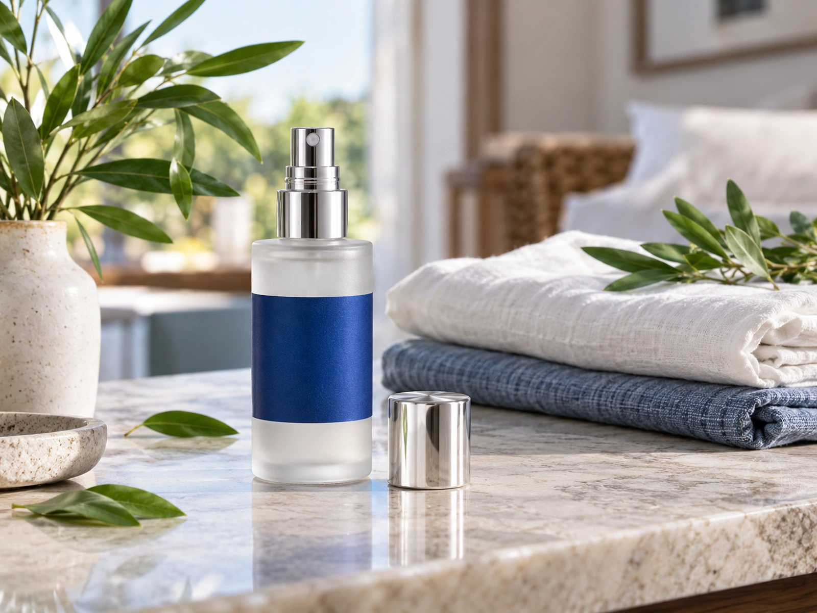 Fine-mist room and linen spray bottles in a clean product setting