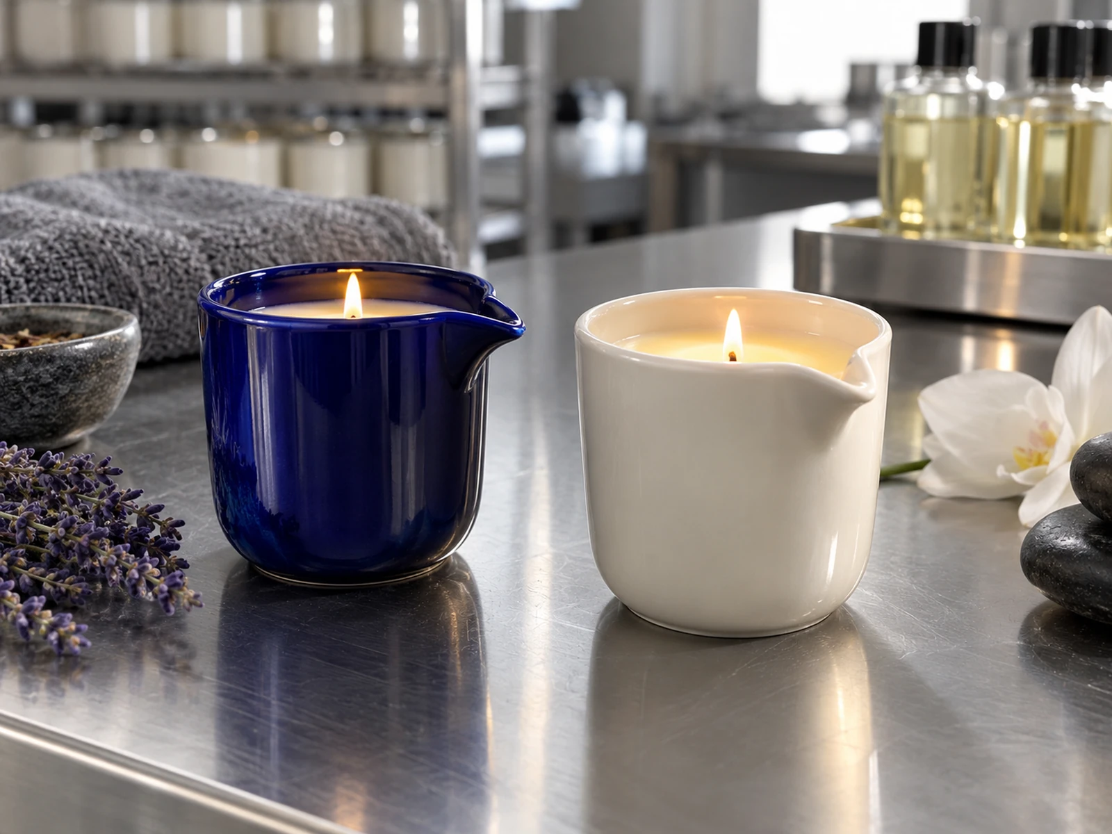 Massage oil candles in tins and ceramic vessels with pouring spouts 5