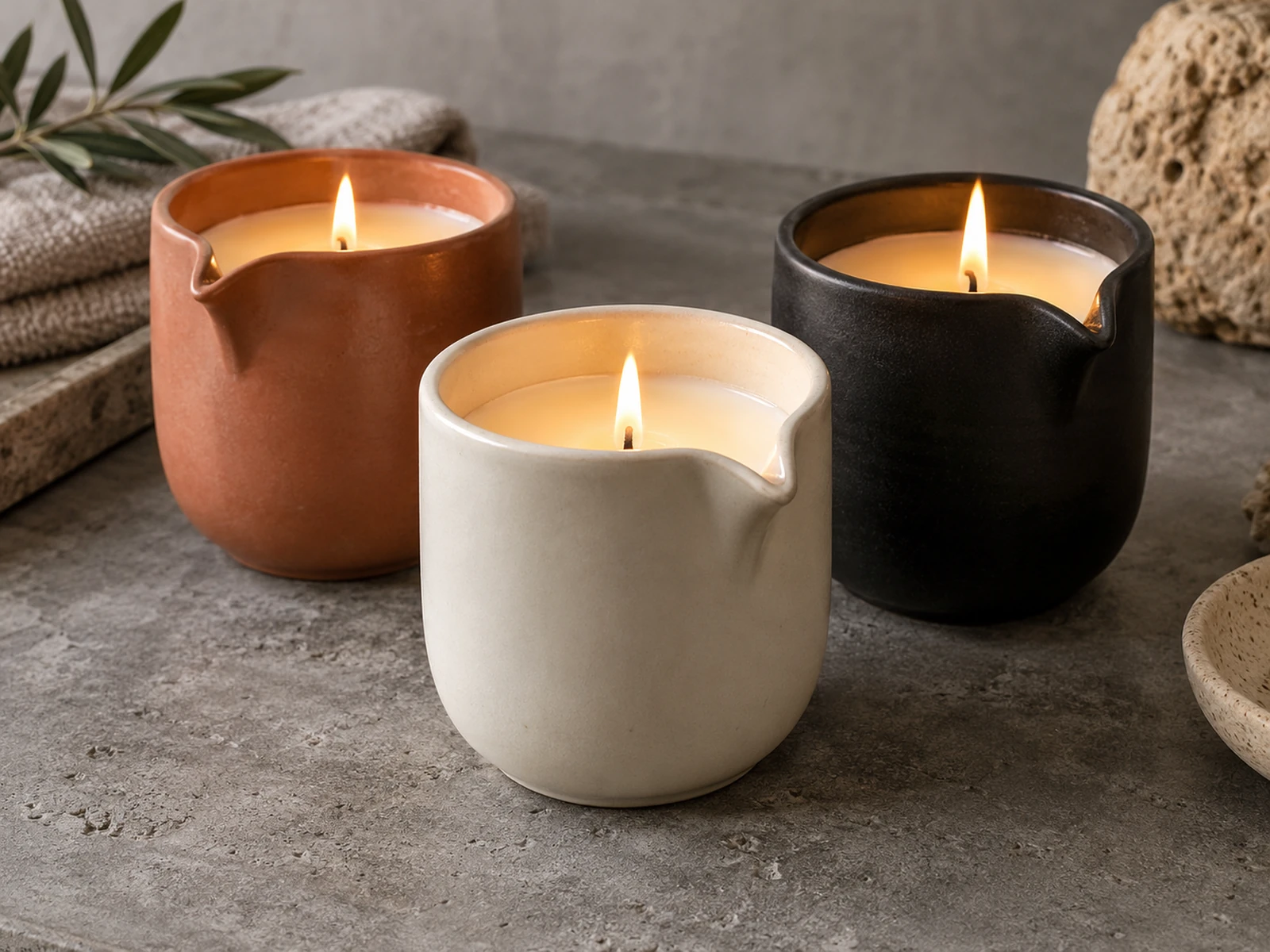 Massage oil candles in tins and ceramic vessels with pouring spouts 8