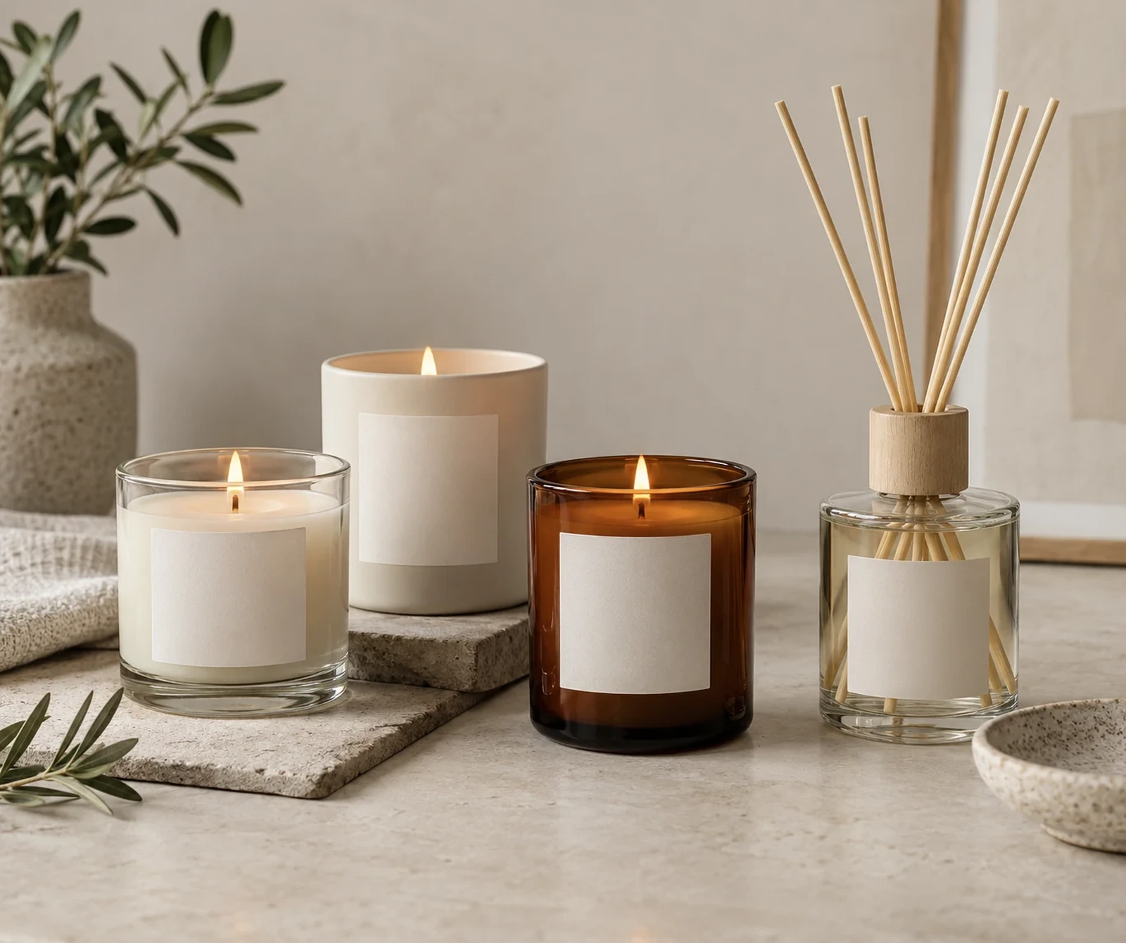 Boutique private label candle collection in coordinated vessels