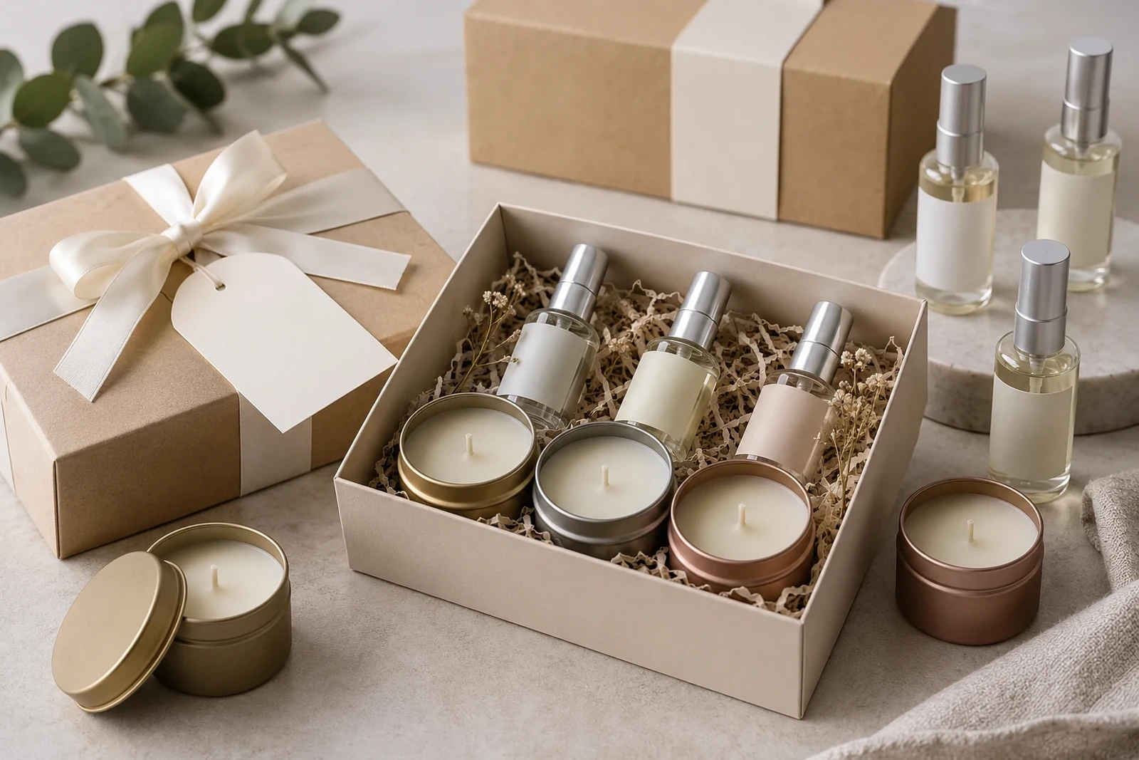 Small branded fragrance gift sets arranged for an event