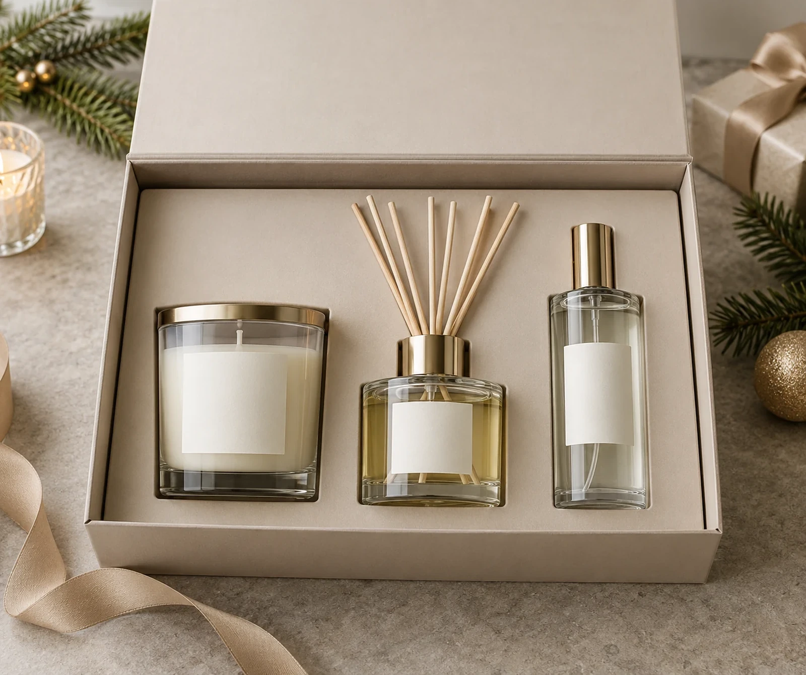 Retail fragrance gift set with candle, diffuser and room spray